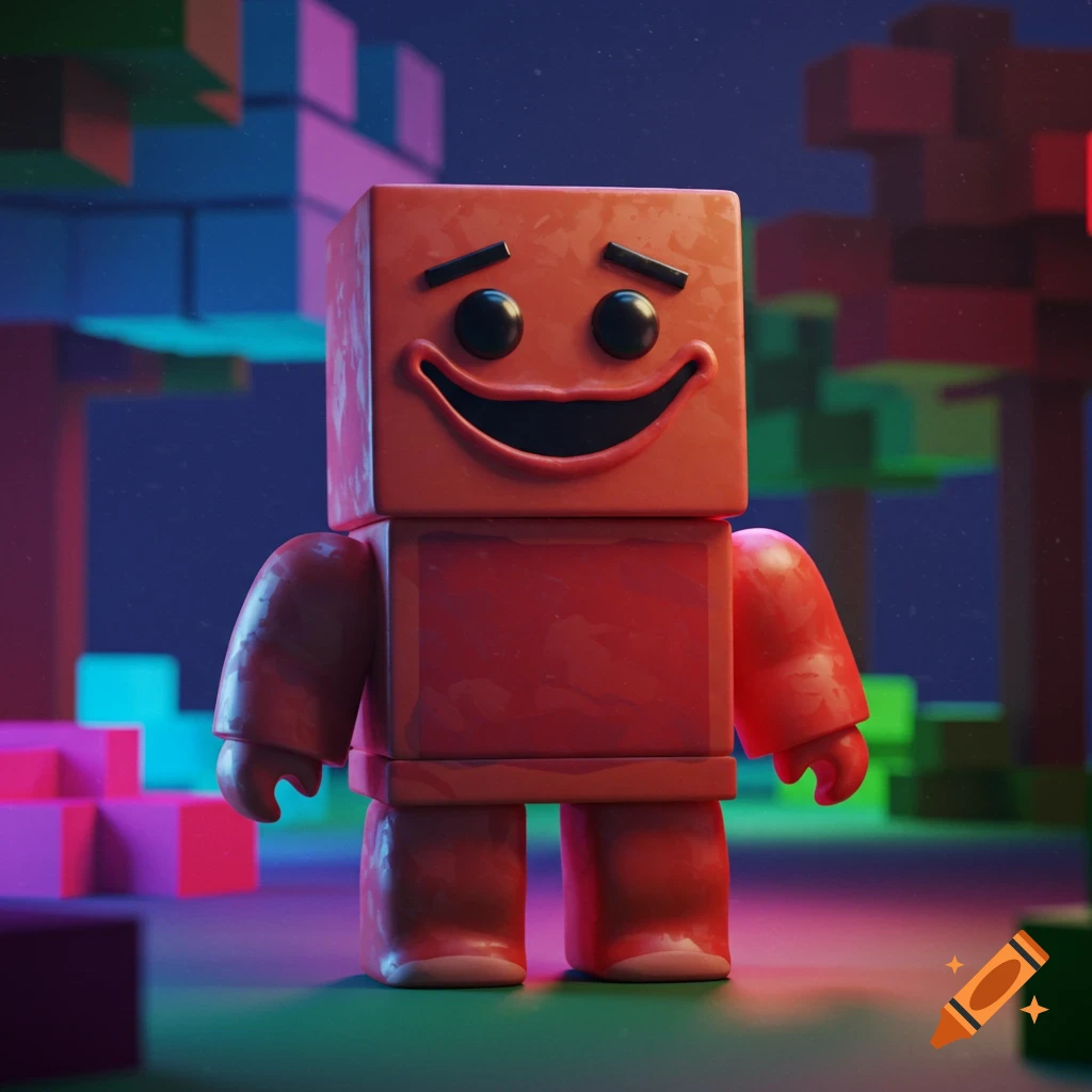 A boxy red monster with a wide, creepy smile stands in a blocky, colorful landscape.