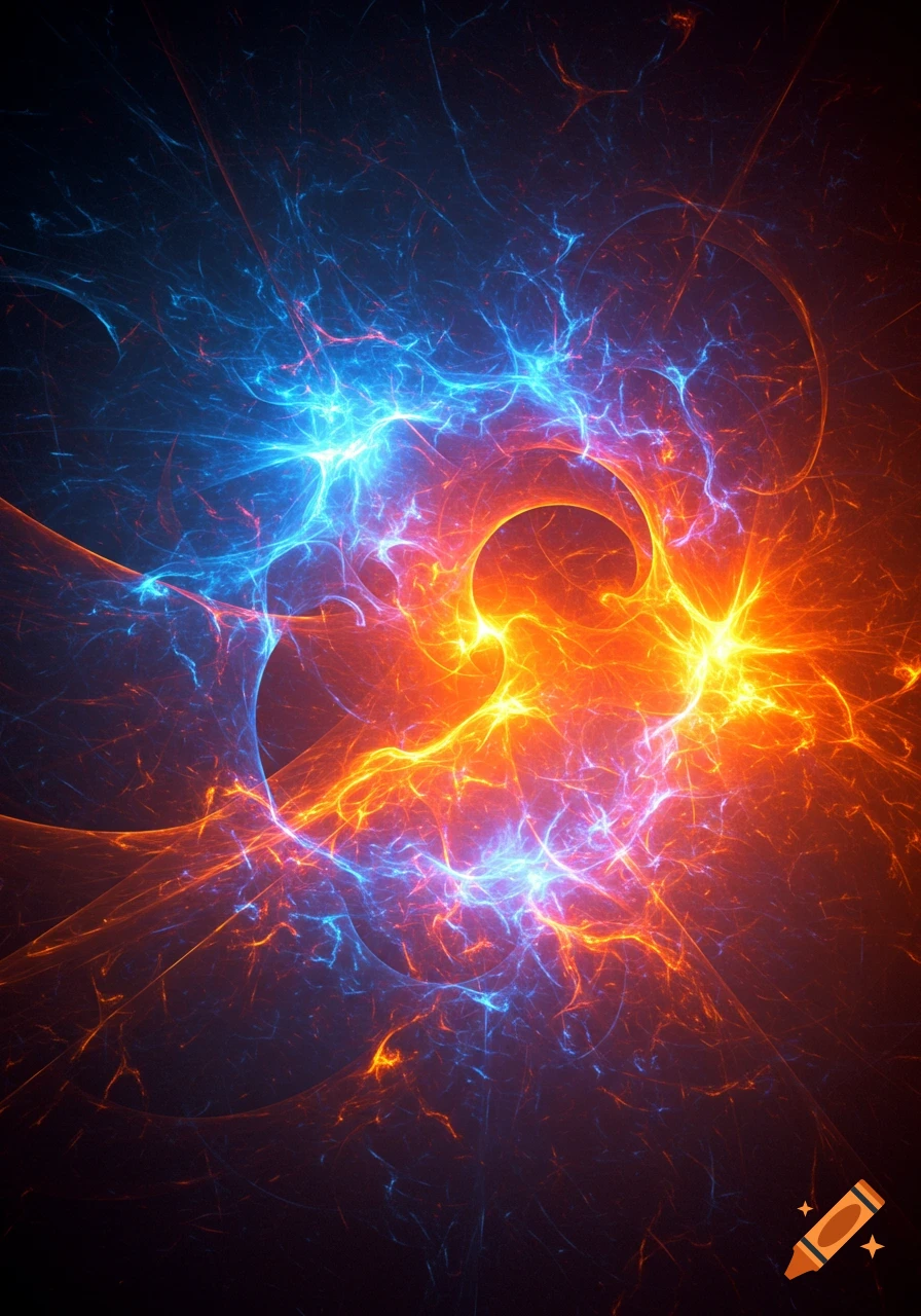 Vibrant abstract pattern of glowing orange, red, and blue energetic lines and swirling light on a dark background.