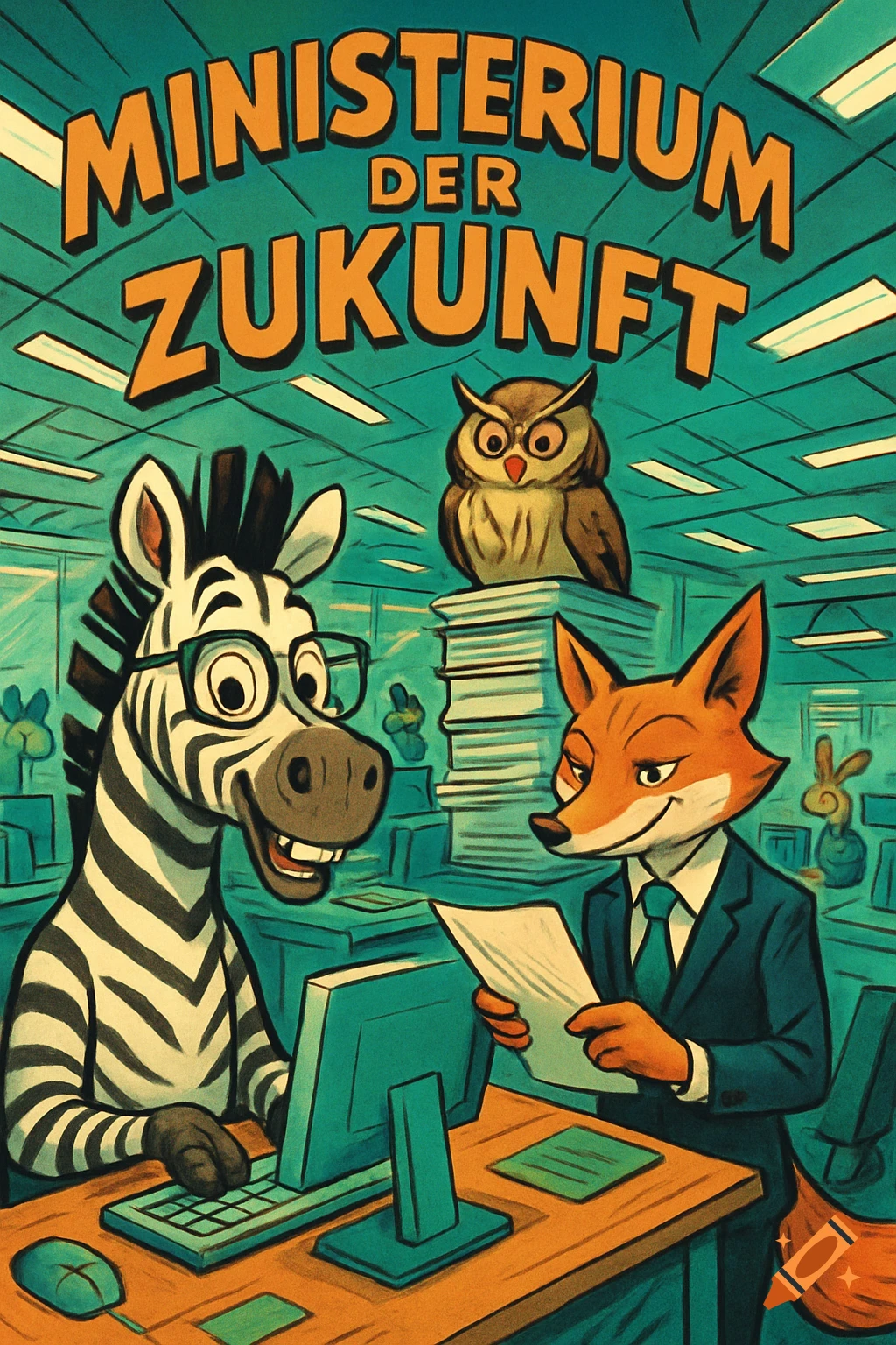 A cartoon zebra with glasses works at a computer, a fox in a suit holds papers, and an owl sits on a stack of files in an office. Text reads: "MINISTERIUM DER ZUKUNFT".