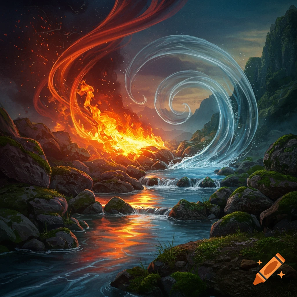 Vibrant fantasy landscape depicting a river separating intense fire and a swirling water vortex, with lush green rocks.