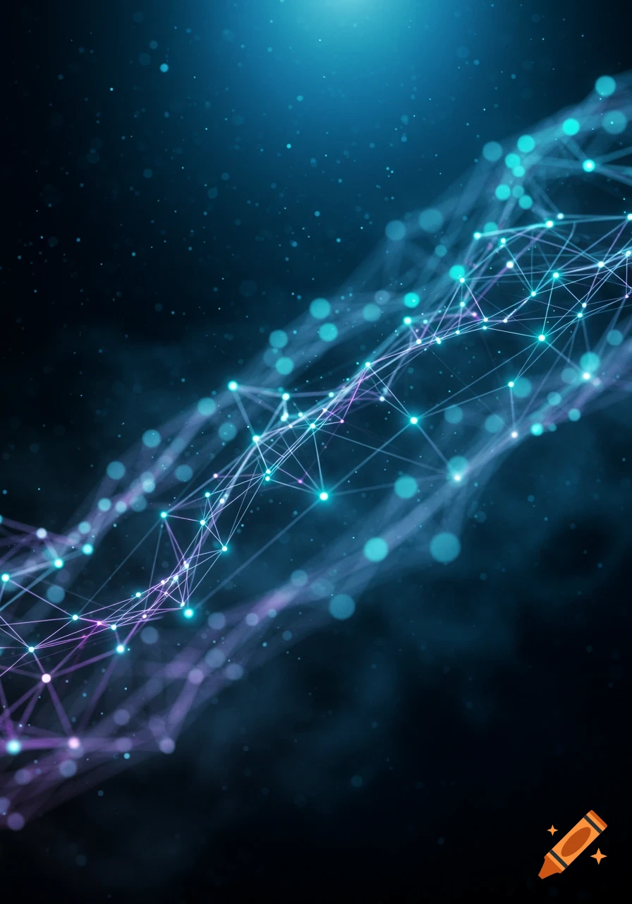 A glowing abstract network of interconnected blue and purple points and lines against a dark background with bokeh effects.