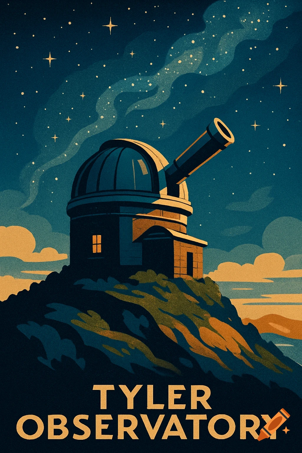 A vintage WPA-style poster of an observatory on a hill under a starry night sky, with the text "TYLER OBSERVATORY".