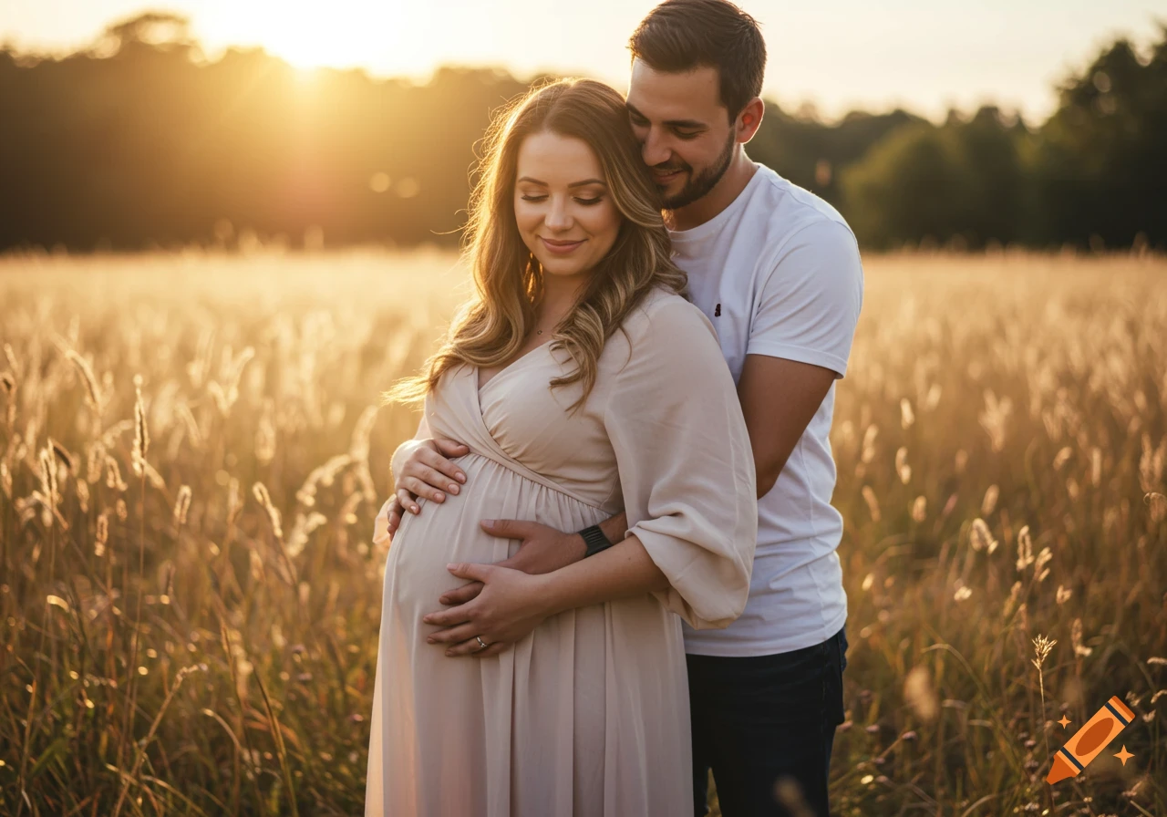 A pregnant woman and her partner embrace in a sunlit golden field, a tender maternity portrait.