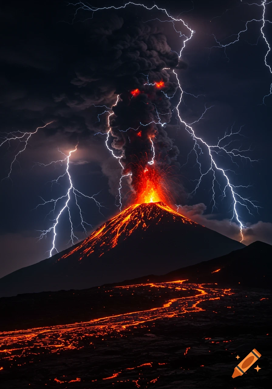 Photorealistic volcano erupting at night, with flowing lava and multiple lightning strikes from the dark sky.