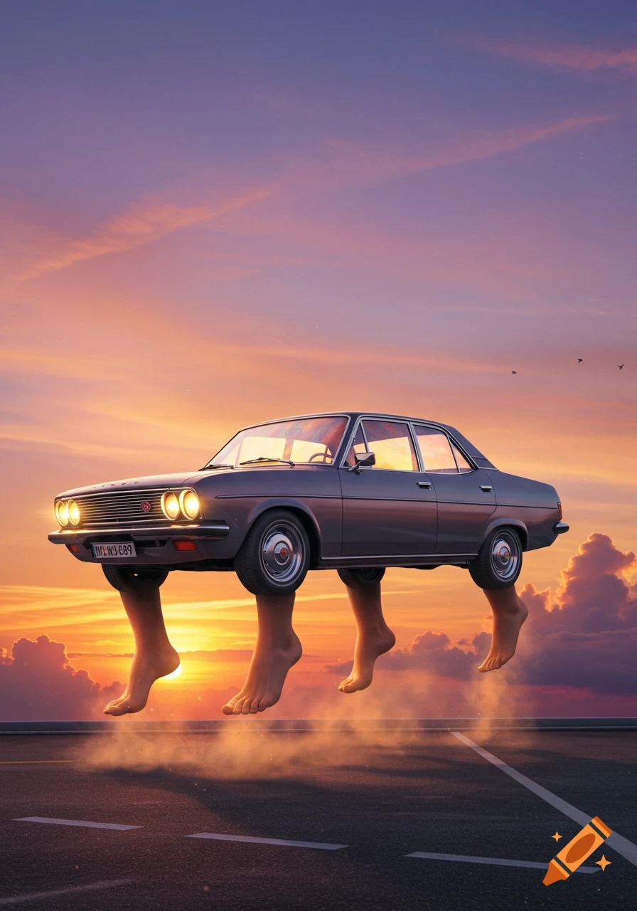 A dark gray vintage car with human feet instead of wheels floats above a road at sunset.