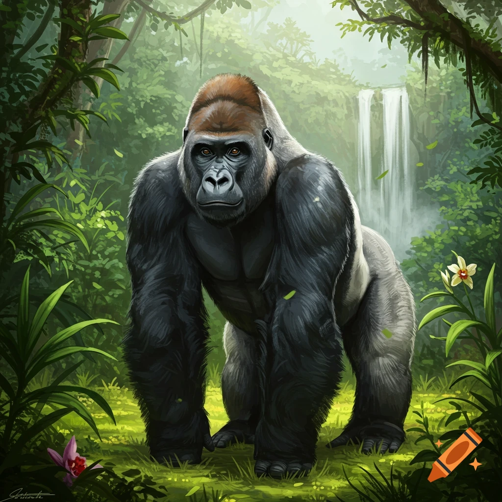 A powerful gorilla stands in a lush, green jungle with a waterfall in the background.