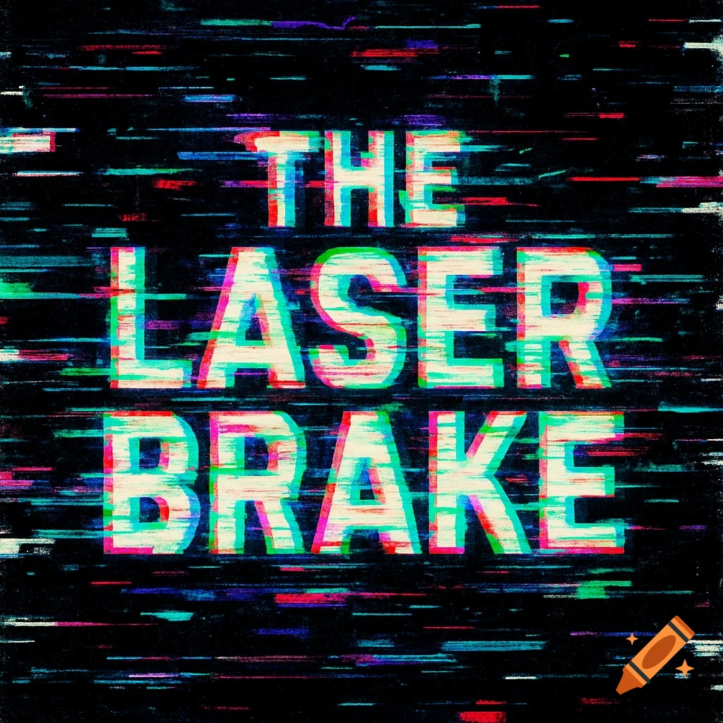 The title "THE LASER BRAKE" in white block letters, featuring a vibrant, distorted glitch effect with red, green, and blue chromatic aberration on a dark, textured background.
