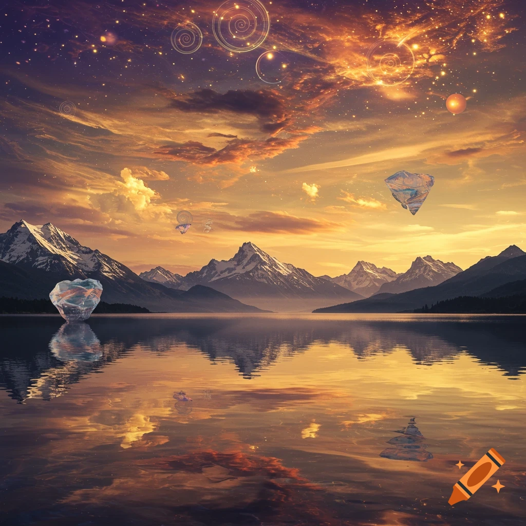 A mountain lake at sunset with snow-capped peaks reflecting in the water, under a sky filled with glowing abstract spirals and crystalline forms.