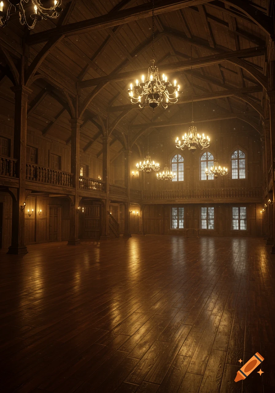 A grand, empty wooden inn hall with multiple ornate chandeliers, polished floors, and tall windows, creating a bright atmosphere.