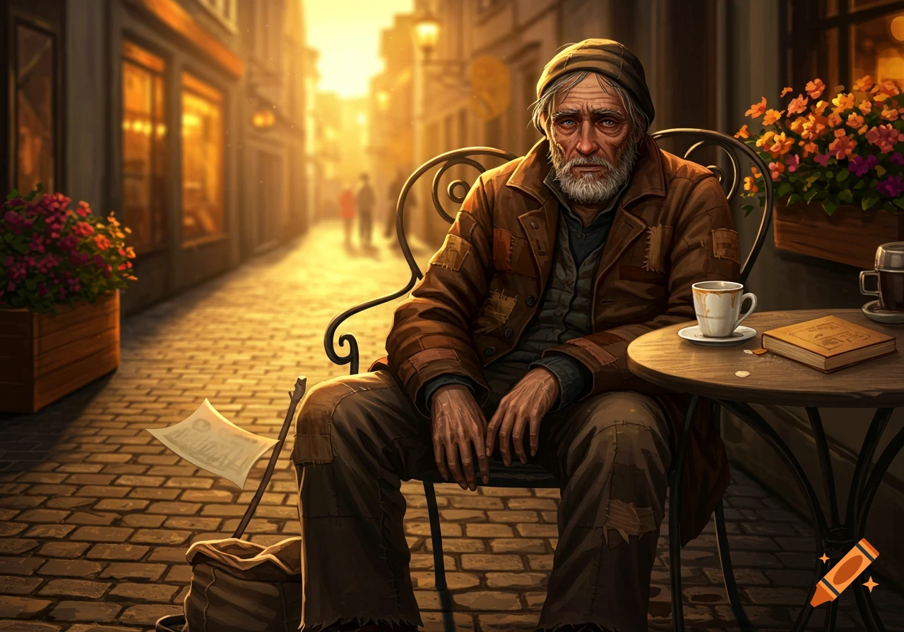 Elderly homeless man in worn clothes sits at a cafe table on a cobblestone street, bathed in warm golden light.