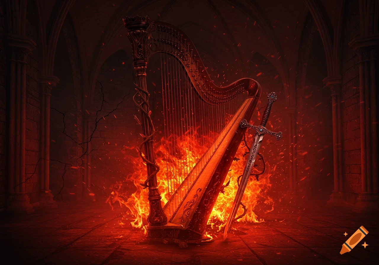 A gothic harp and an ornate sword stand amidst swirling red flames in a dark, crumbling chamber, in a dark fantasy art style.
