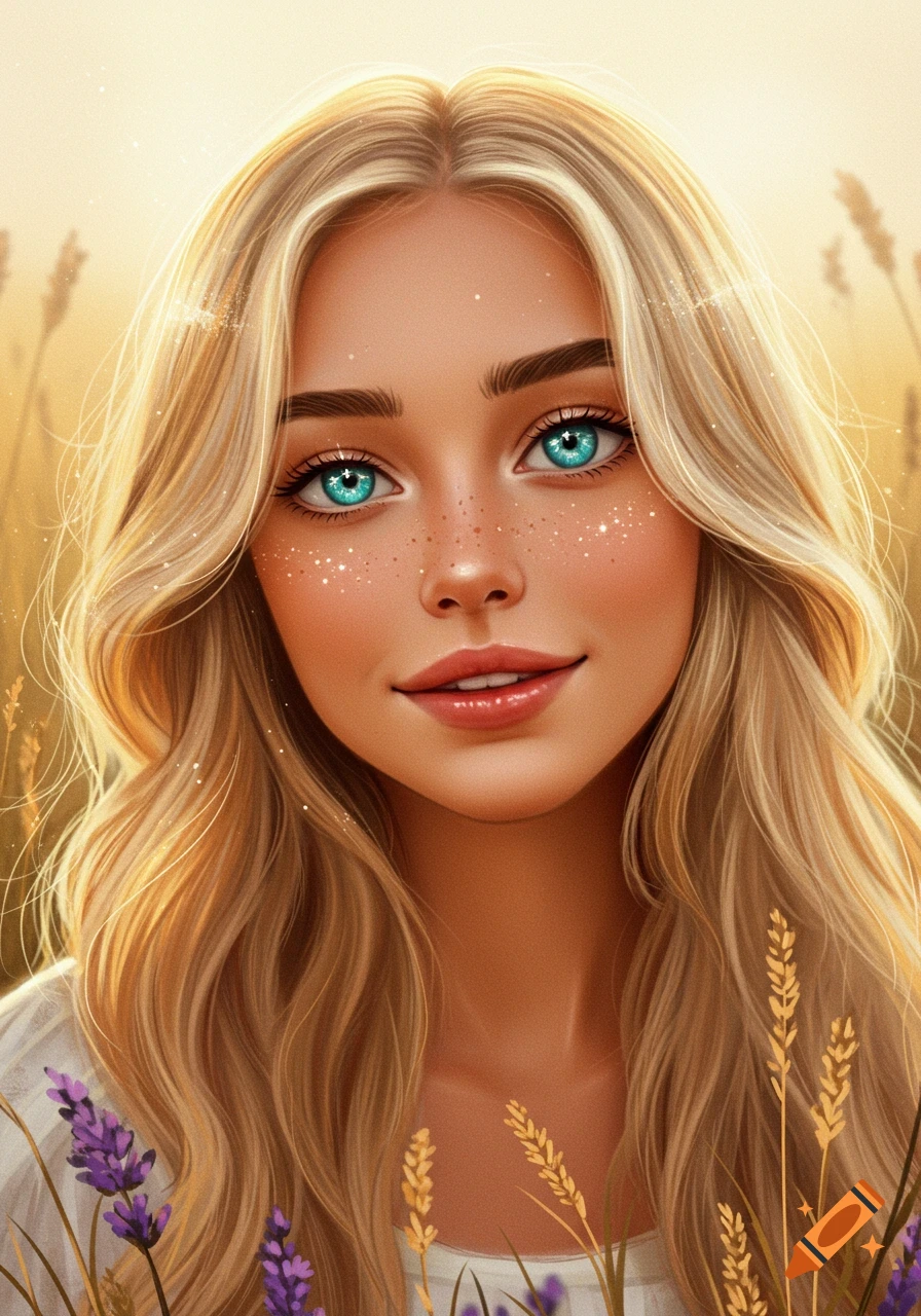 Close-up digital art portrait of a blonde woman with blue eyes and freckles, surrounded by wheat and lavender in soft sunlight.
