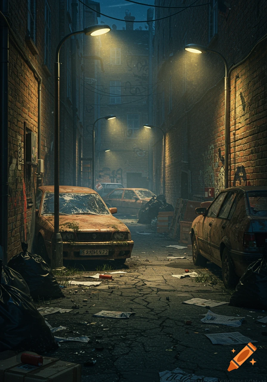 A desolate, dark alley at night, lit by streetlights. Rusty, abandoned cars are parked alongside brick walls covered in graffiti and piles of trash. Litter is scattered on the cracked pavement.