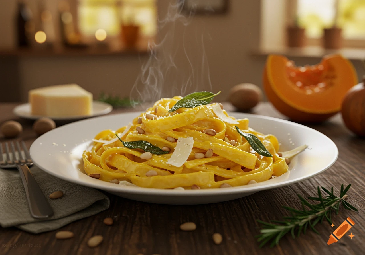 Photorealistic close-up of steaming pumpkin pasta on a white plate, garnished with sage, pine nuts, and parmesan.