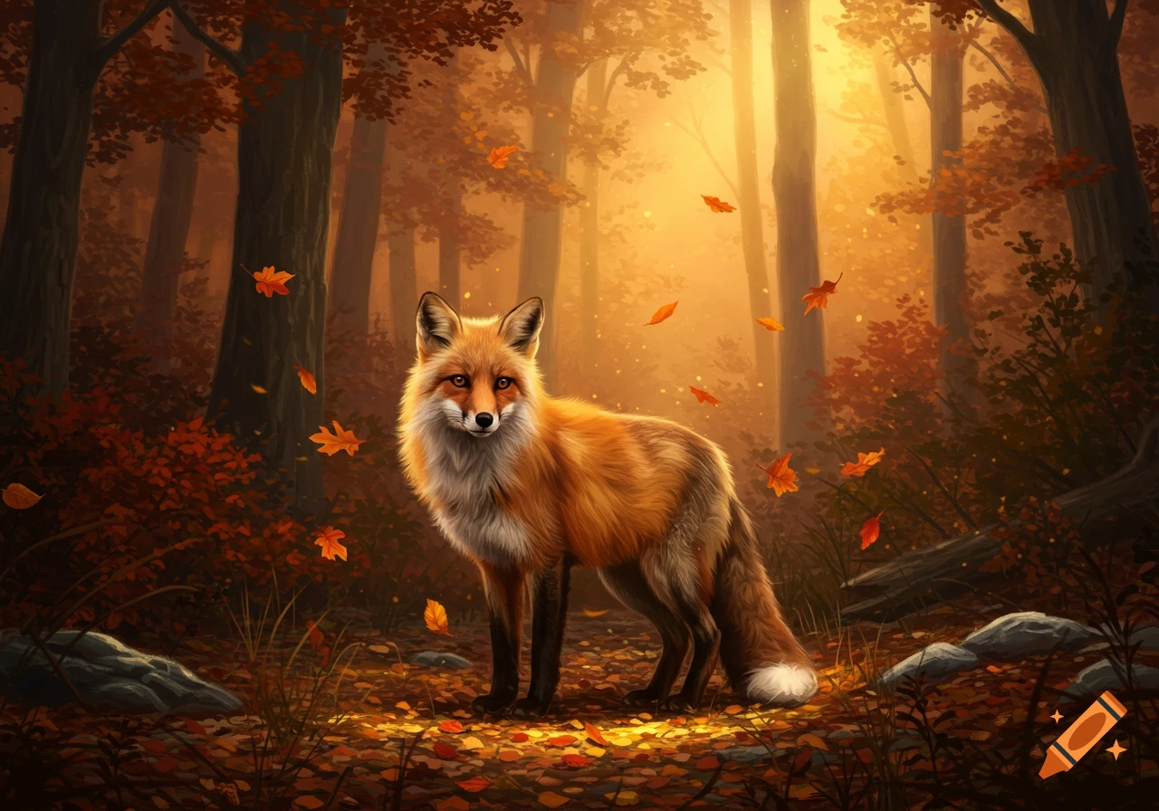 A vibrant red fox stands in a sunlit autumn forest with falling orange leaves, digital art.
