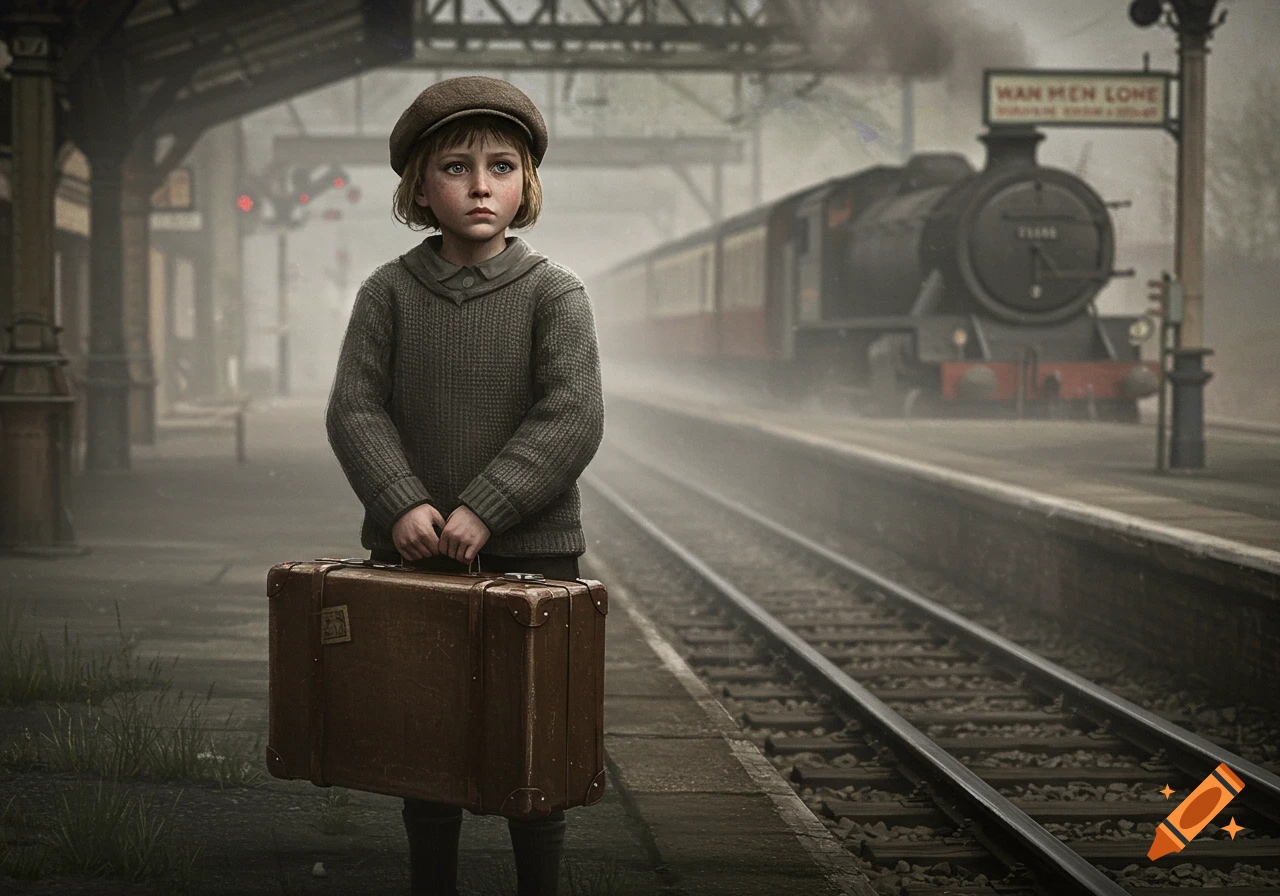 A solemn child in a cap holds a suitcase at a foggy train station with a steam train in the background, photorealistic style.