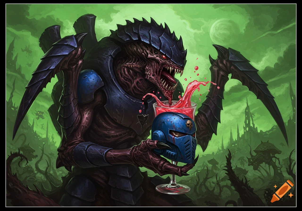 An illustrated Tyranid monster sips red liquid from a blue Space Marine helmet in a gloomy, alien green landscape.