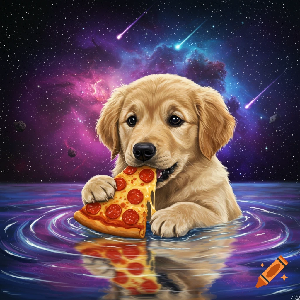 A cute golden retriever puppy eating pizza while in cosmic water, reflecting a vibrant galaxy with shooting stars.
