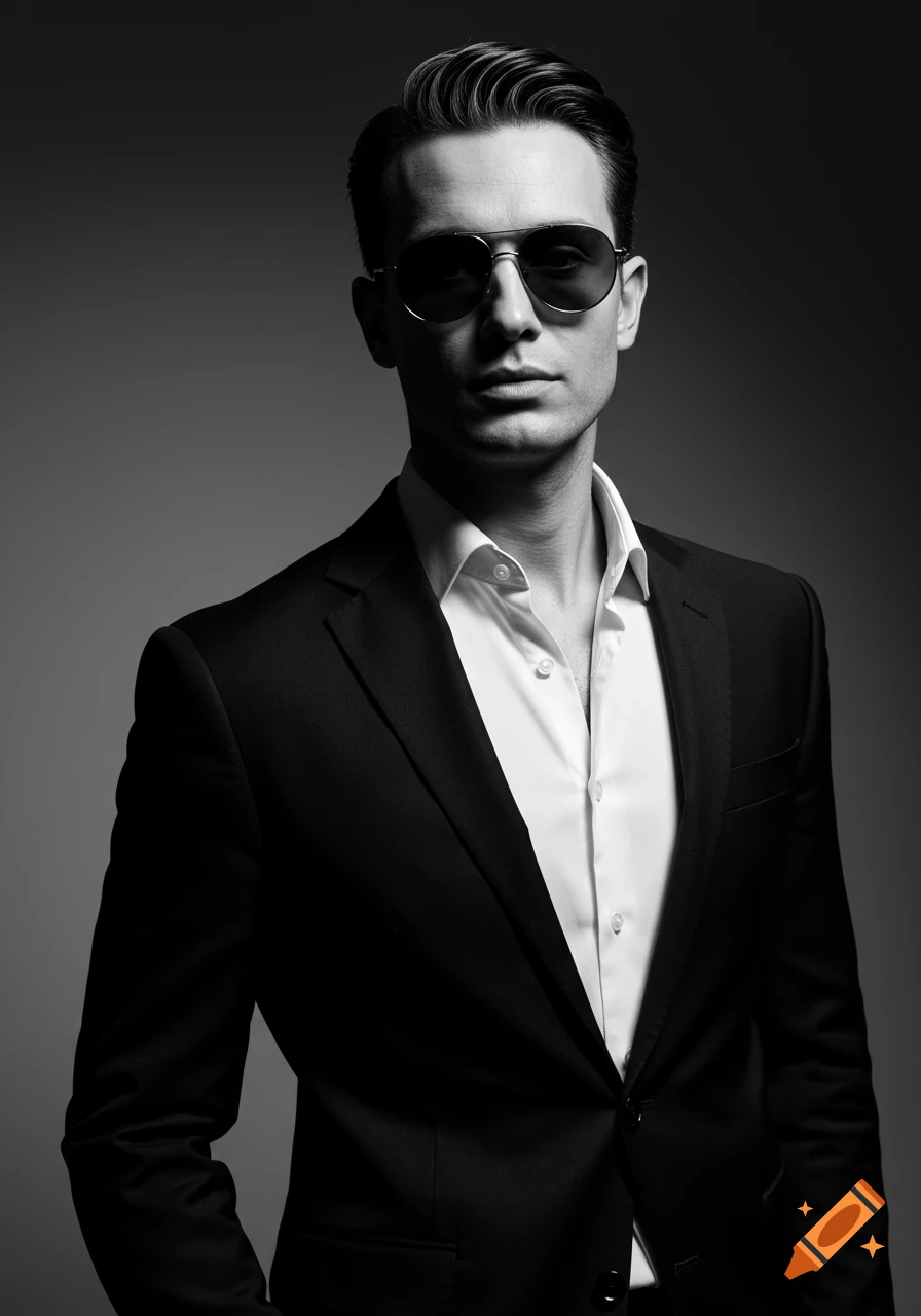 Handsome man in a black suit, white shirt, and aviator sunglasses poses for a professional black and white studio portrait.