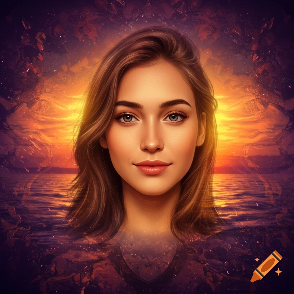 A woman's stylized portrait blending into a fiery sunset and ocean background with abstract patterns.