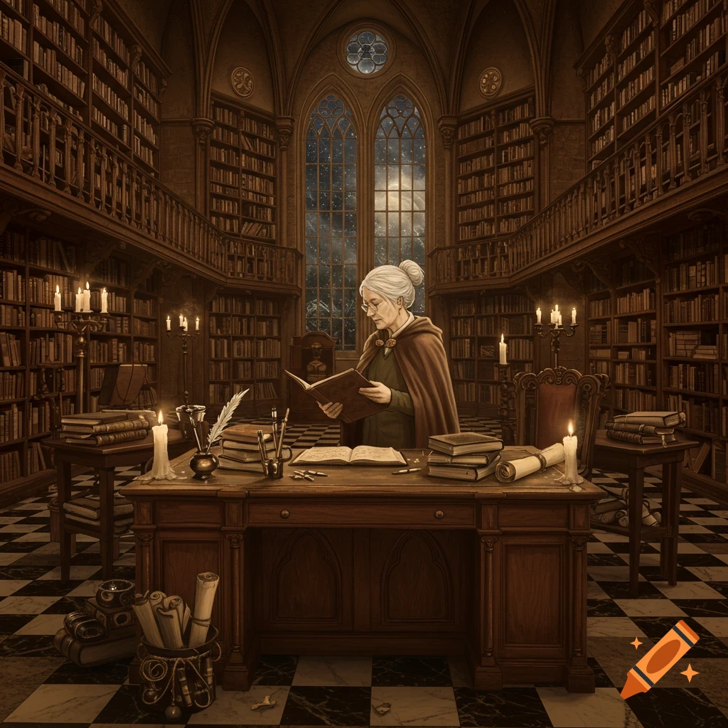 An older librarian with white hair reading a book at a wooden desk in a grand, candlelit library with tall bookshelves and large gothic windows looking out at a starry night.