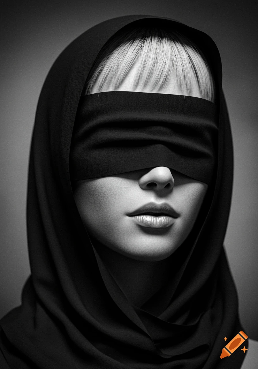 Close-up black and white portrait of a woman with light hair wearing a dark hood and a blindfold.