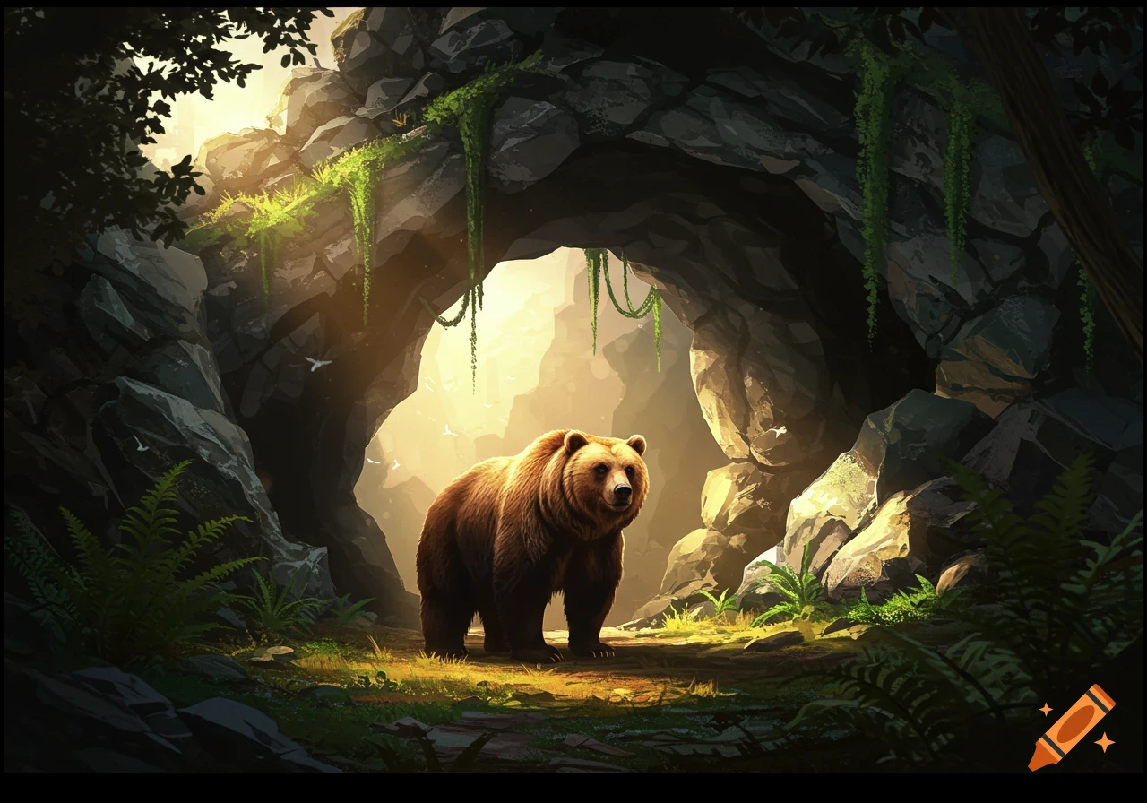 A brown bear stands inside a luminous cave entrance, surrounded by rocks, ferns, and dappled sunlight, in a painterly style.