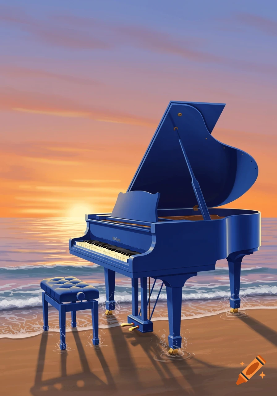 A vibrant blue grand piano and matching stool sit on a sandy beach, with gentle waves at sunset. Stylized illustration.