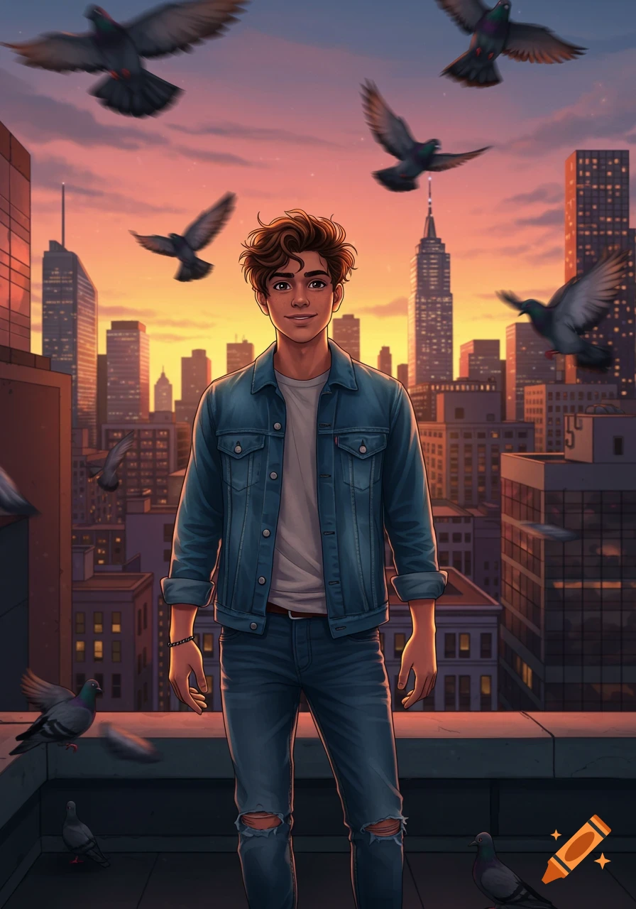 An illustrated young man in a denim jacket stands on a city rooftop with pigeons flying around him during a colorful sunset.