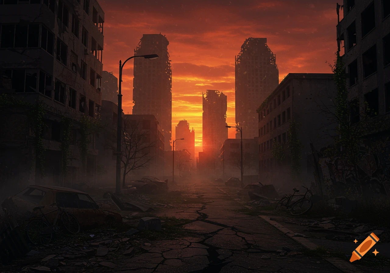 A desolate, destroyed city street with crumbling buildings, abandoned cars, and a cracked road under an orange sunset.