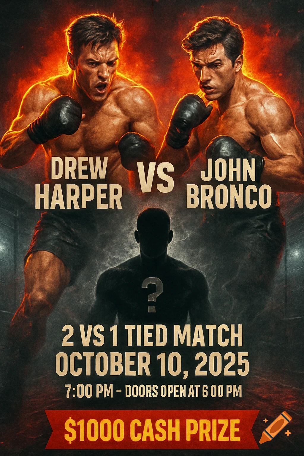 A promotional boxing flyer for 'Drew Harper VS John Bronco' and an unknown challenger in a 2 VS 1 Tied Match on October 10, 2025, offering a $1000 cash prize.