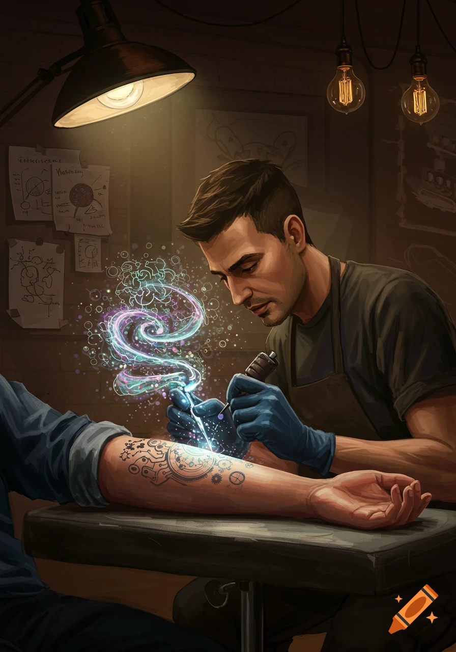 An illustrative image of a tattoo artist applying a glowing, magical steampunk-style tattoo to a person's arm in a dimly lit workshop.