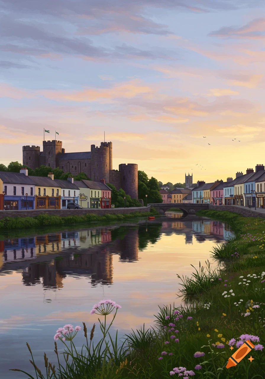 A vibrant, painterly landscape depicting a medieval castle overlooking a colorful town along a river at sunset.