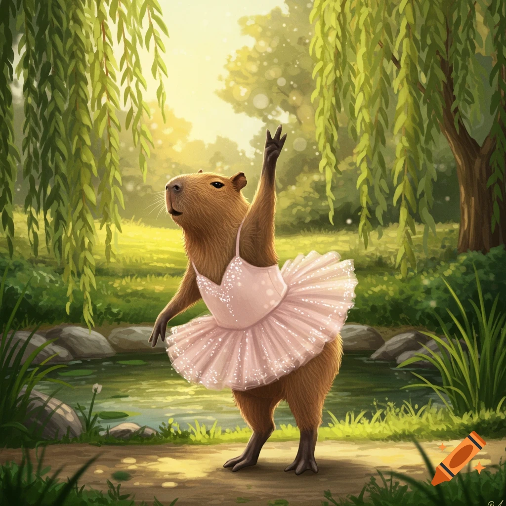 A cute capybara in a pink ballet tutu stands on one leg, posing like a ballerina, by a pond with willow trees.