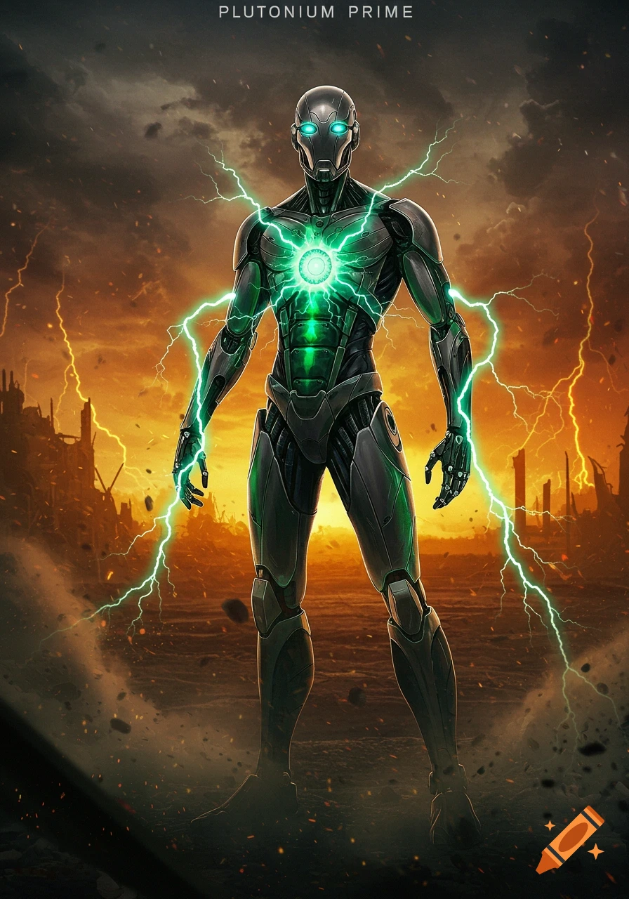 A powerful robot, Plutonium Prime, with glowing green energy emanating from its chest and hands, stands in a desolate, destroyed city landscape under a stormy sky.
