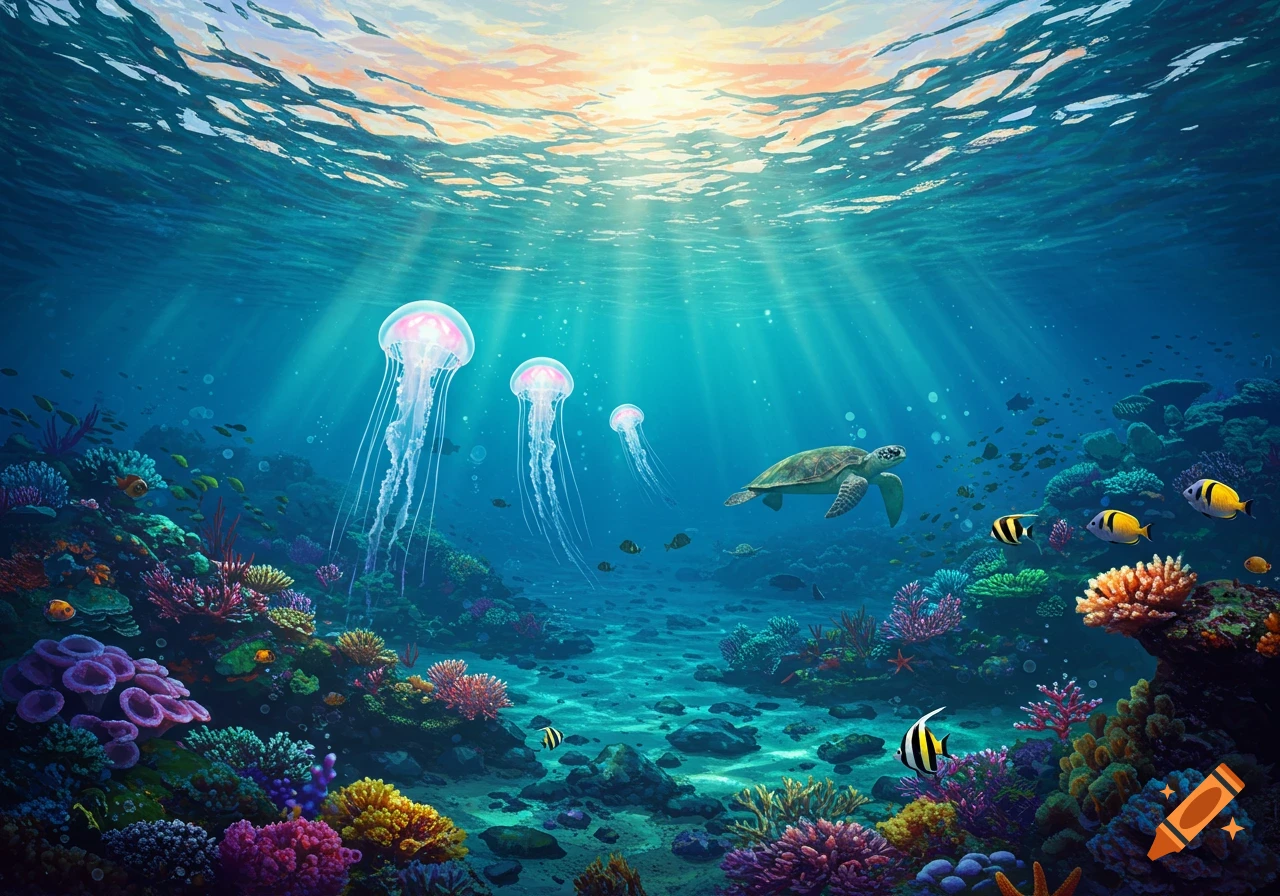 Vibrant underwater scene with sunlit coral reef, jellyfish, a swimming turtle, and colorful striped fish.