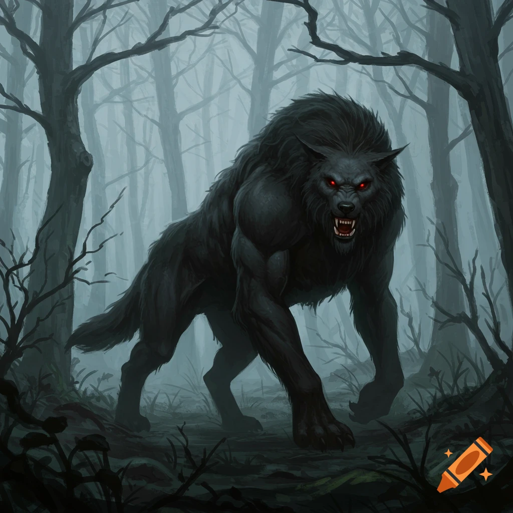 A menacing black werewolf with glowing red eyes stands in a dark, foggy forest.