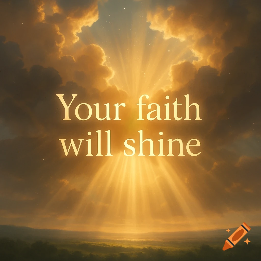 Bright heavenly light breaks through golden clouds over a landscape with the text 'Your faith will shine' in a spiritual, ethereal style.