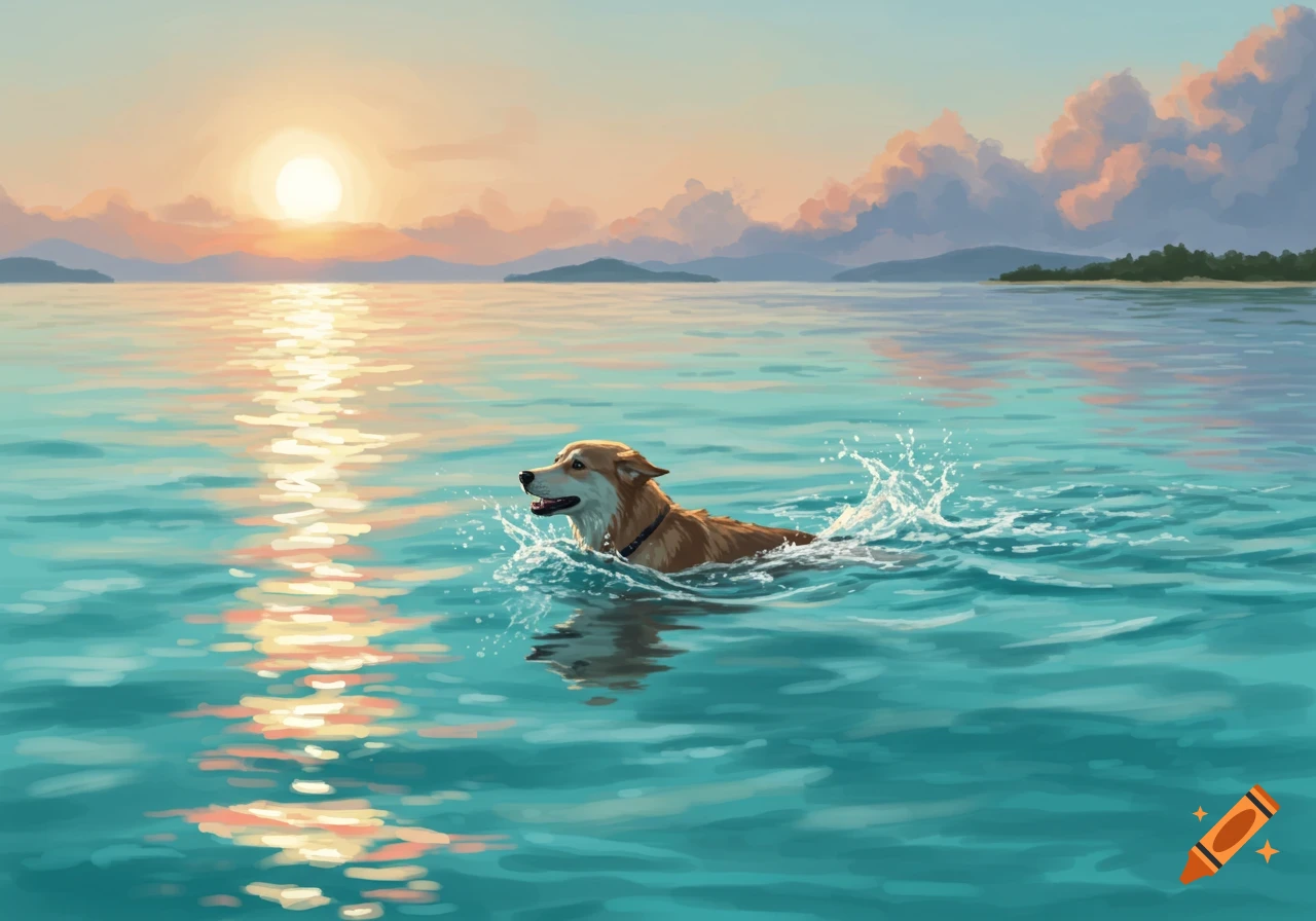 A golden-brown dog swims in the turquoise sea at sunset, with golden reflections on the water.