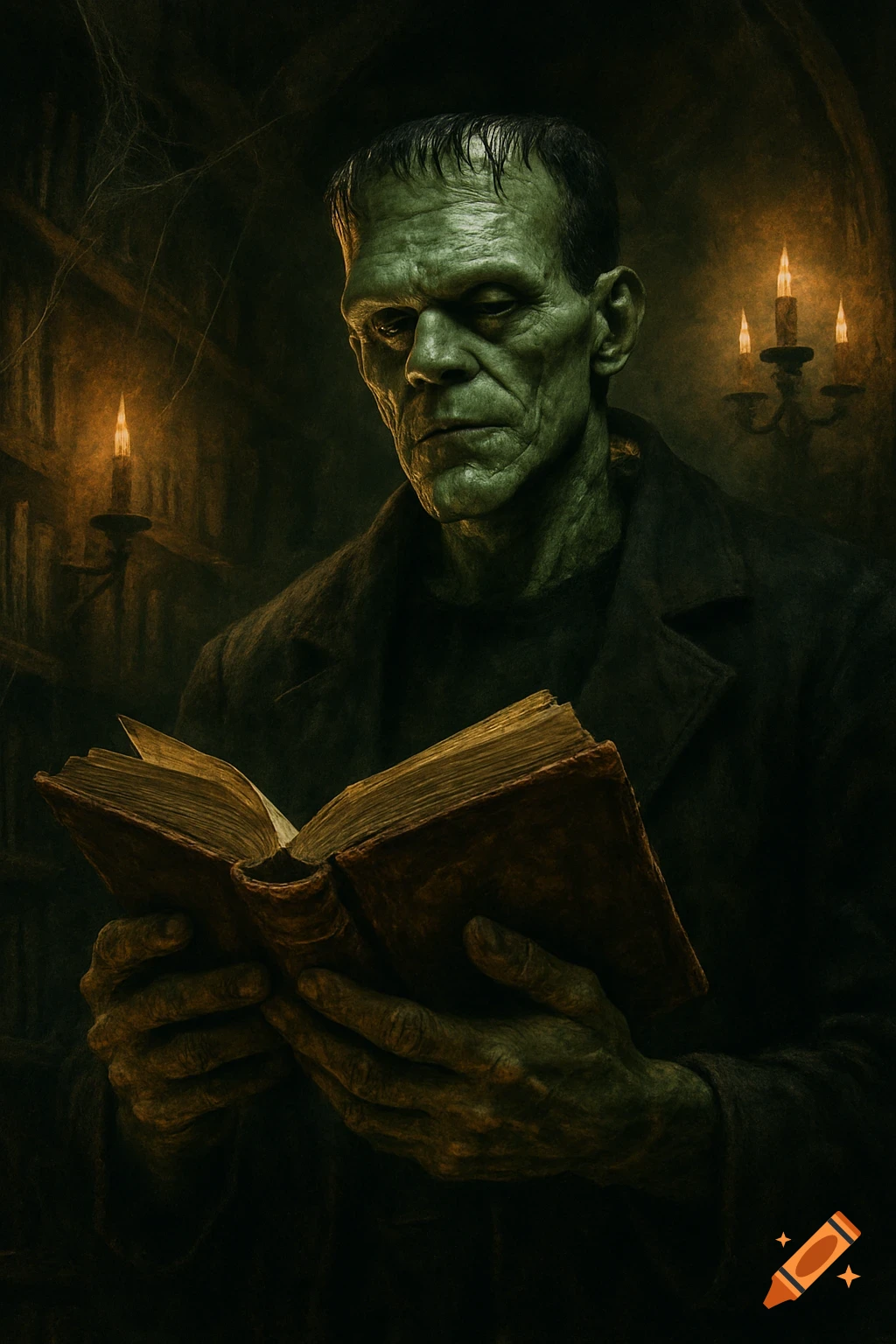 A dark, atmospheric portrait of Frankenstein's monster with green skin, reading an old book by candlelight in a shadowy room.
