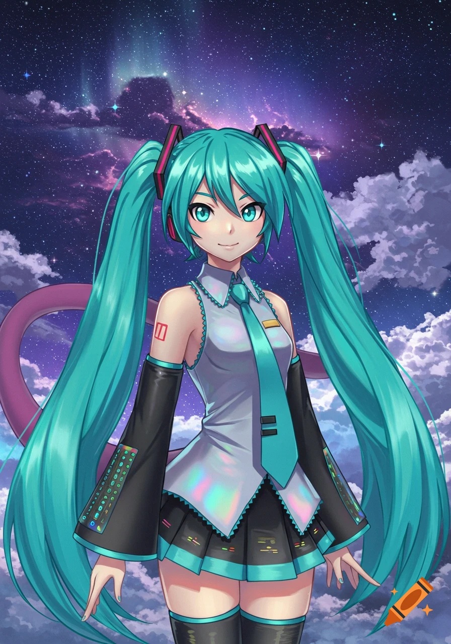 An anime girl with long turquoise pigtails and blue eyes, dressed in a grey and black outfit, against a starry, nebula-filled sky with purple clouds.