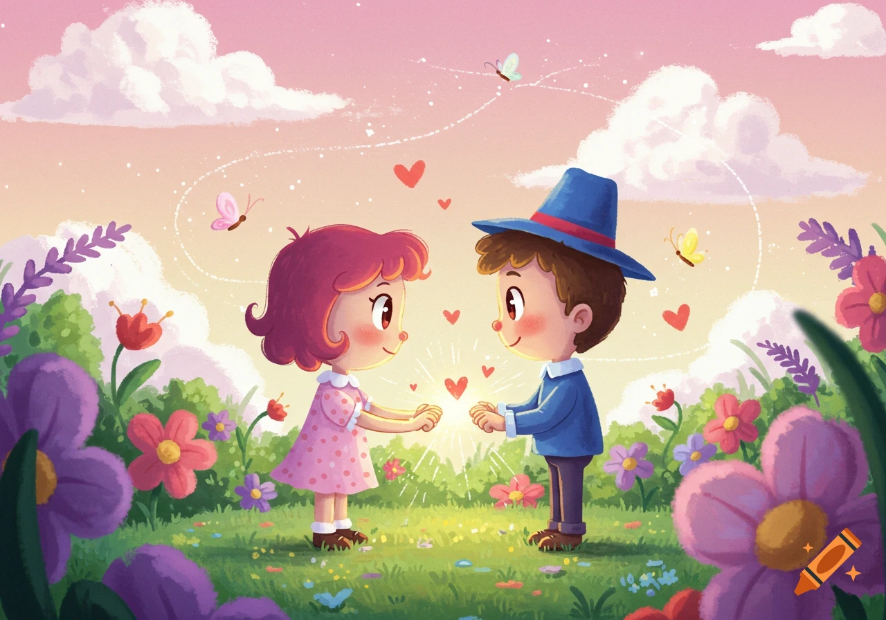 A colorful cartoon illustration of a boy and girl exchanging hearts in a vibrant flower garden under a pink sky.