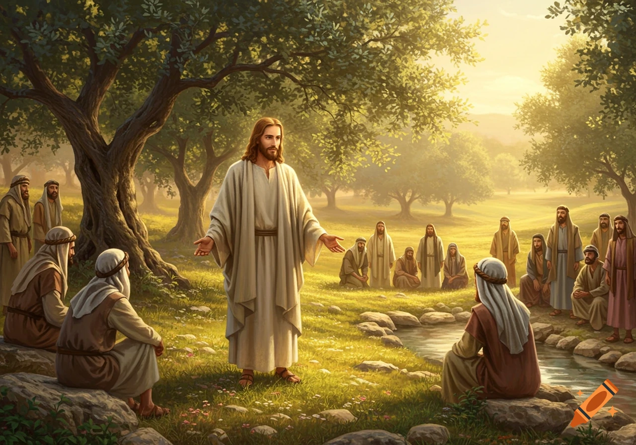 Jesus, in white robes, teaches a group of disciples seated and standing in a lush, sunlit outdoor landscape by a stream.