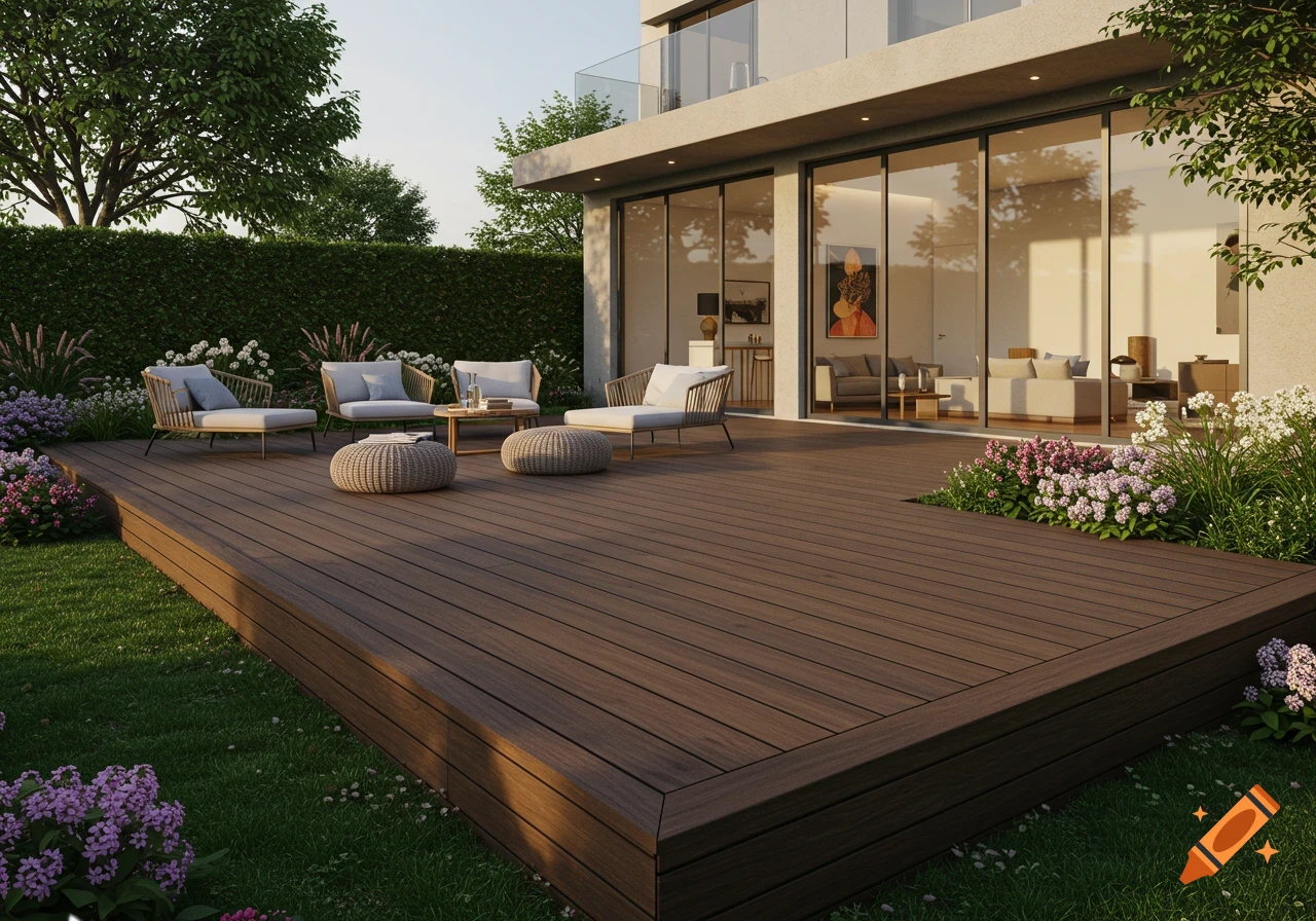 Modern raised wooden deck with elegant outdoor furniture overlooking a landscaped garden and a contemporary house with large glass windows.