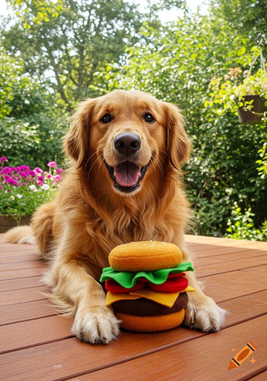 A happy Golden Retriever dog lies on a wooden deck with a stuffed hamburger toy, surrounded by lush green foliage and pink flowers.