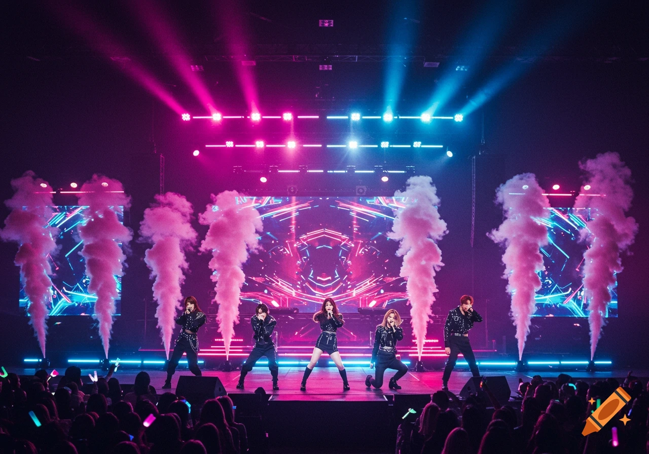 Five K-pop performers on a brightly lit stage with smoke effects and a large screen, facing a cheering audience.