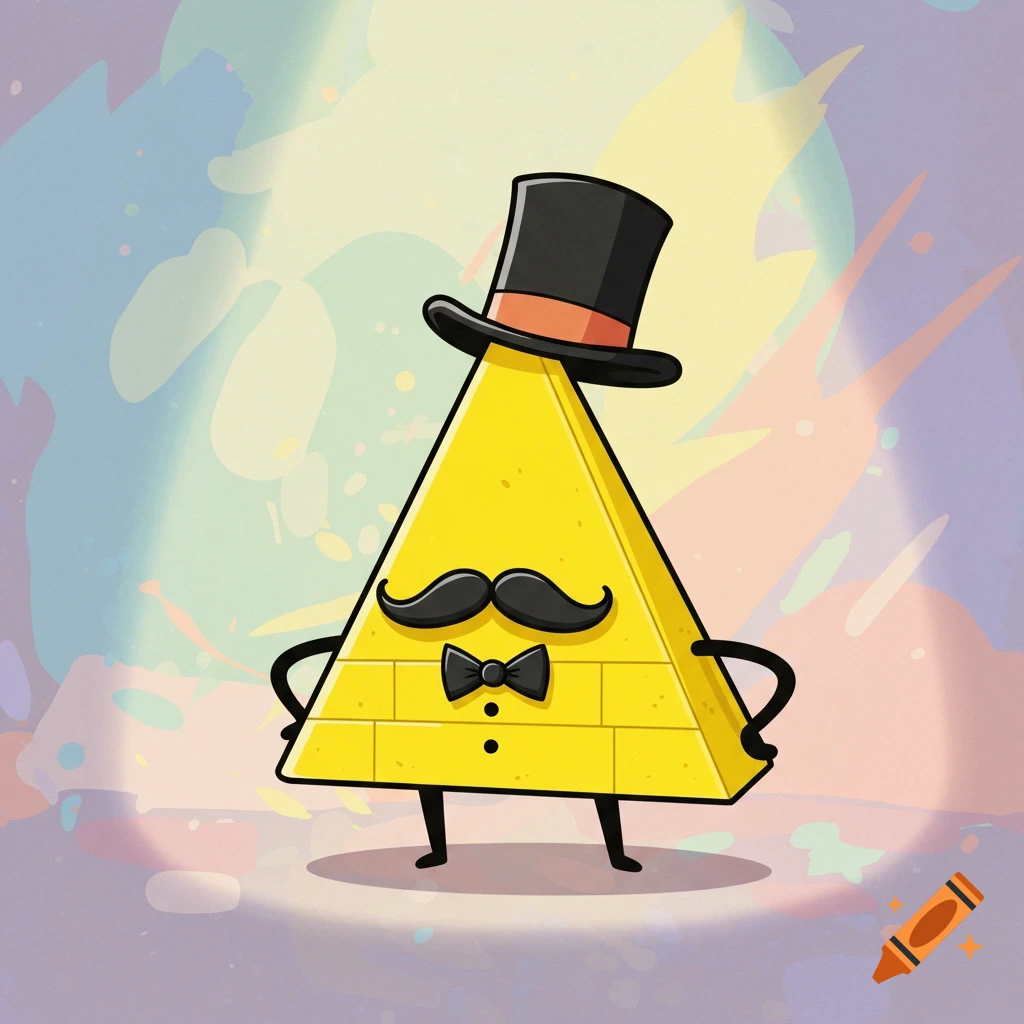 A yellow triangular cartoon character wearing a black top hat, a black mustache, and a black bow tie, standing against a colorful background.