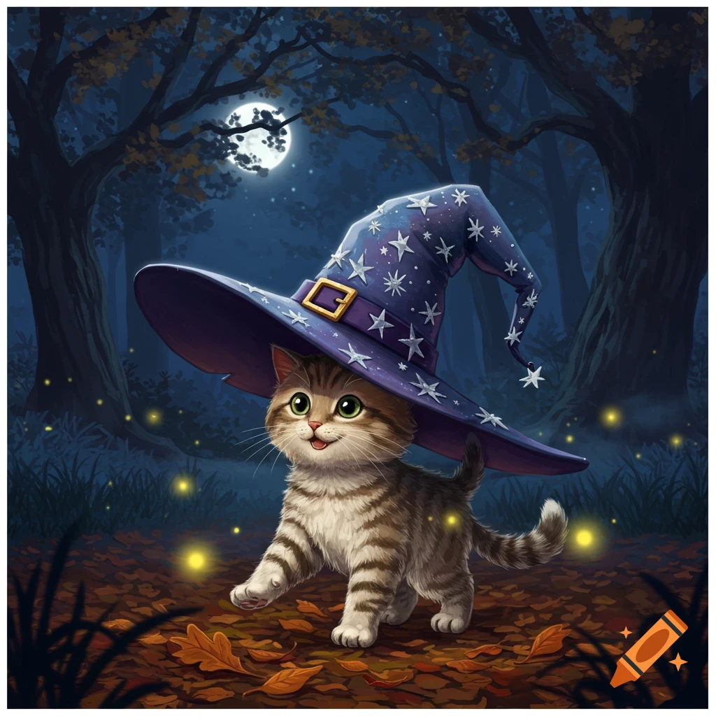A cute tabby kitten wearing a large purple witch hat with stars walks through a dark forest at night with a full moon and glowing lights, digital art.