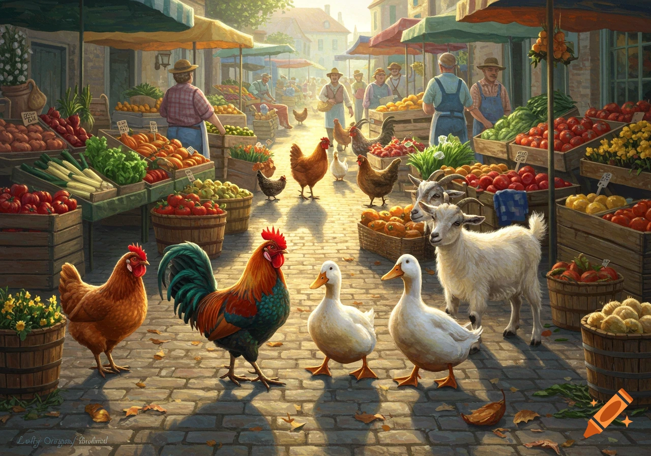 A vibrant painting of a bustling farmer's market with people, various produce stalls, chickens, ducks, and goats on a cobblestone street.