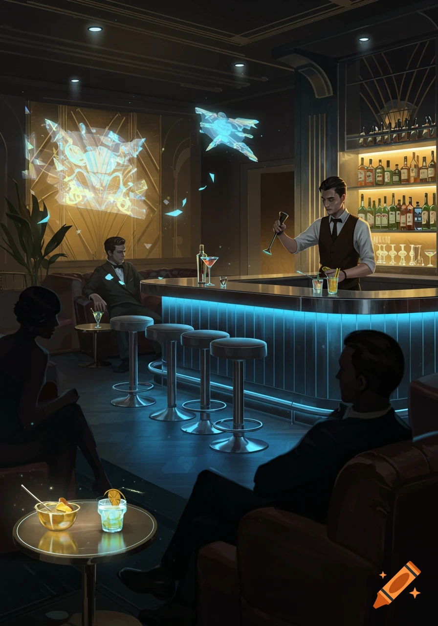 An Art Deco bar with a bartender mixing drinks, patrons relaxing, and blue glowing holographic projections in a futuristic setting.